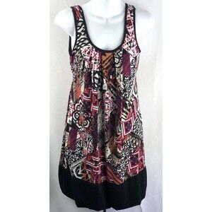 Vintage Sleeveless Mini Tank Dress S Multi Mod Geo Scoop Neck Balloon Hem Boho